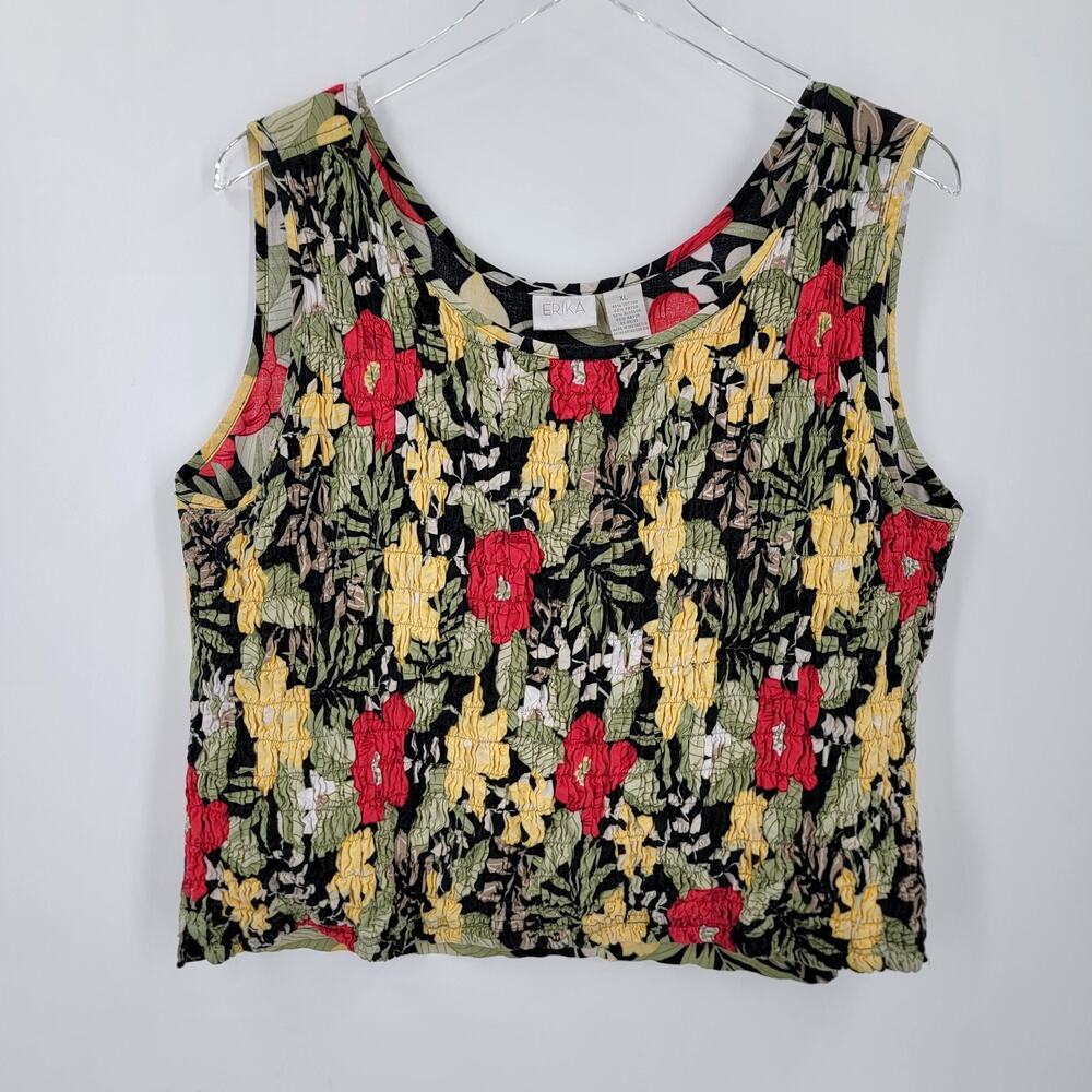 Erika Tank Top Womens XL Black Floral Smocked Front Y2K Tropical Vacation